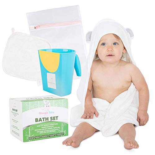 Baby Hooded Towel Set with Washcloth, Baby Rinse Cup, and Mesh Laundry