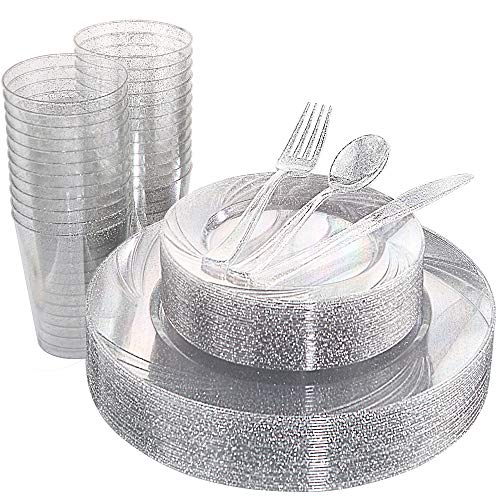 WDF 150pcs Silver Plastic Plates with Disposable Plastic Silverware