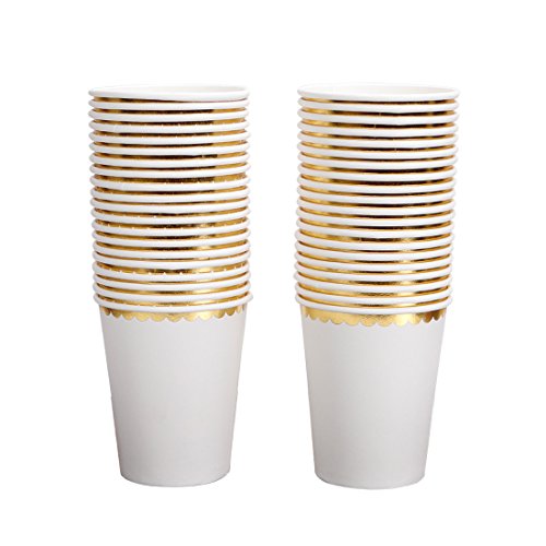 Geeklife White Paper Cups with Sparkly Gold Foil Dots,Disposable Gold