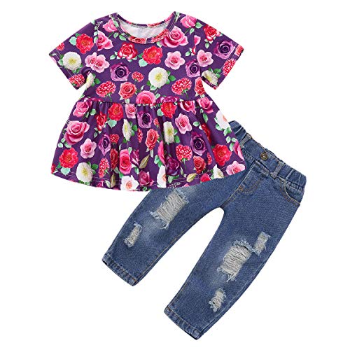 Toddler Baby Girls Clothes 2Pcs Flower Ruffle TShirt+ Ripped Jeans
