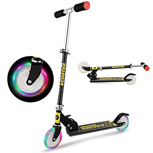 YUEBO Kick Scooter for Kids with LED Light Up Wheels, Adjustable Height, Lightweight Aluminum