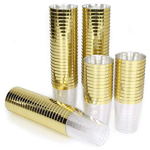 AiKOOL Plastic Cups with Gold Trim 10oz, 100 Pack Hard Disposable Clear