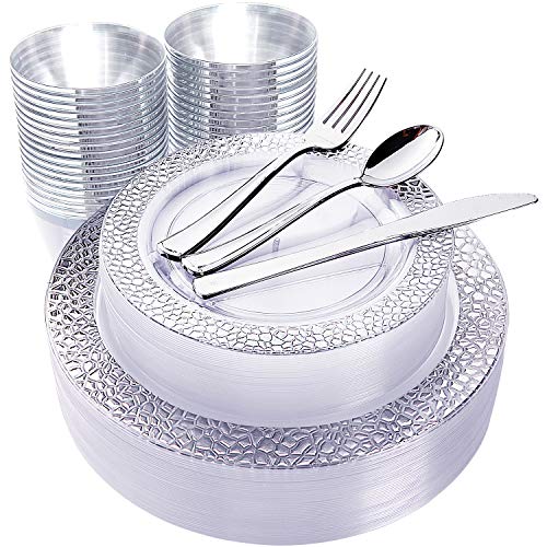180pcs Plastic Silver Lace Plates, Silver Plastic Silverware,Plastic