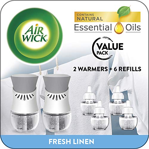 Air Wick Plug in Scented Oil Starter Kit, 2 Warmers + 6 Refills, Fresh Linen, Same Familiar