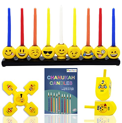 Emoji Menorah Set – INCLUDES: Hand Painted Ceramic Emoji Menorah, Yellow Emoji Fidget Spinner, 2 ...