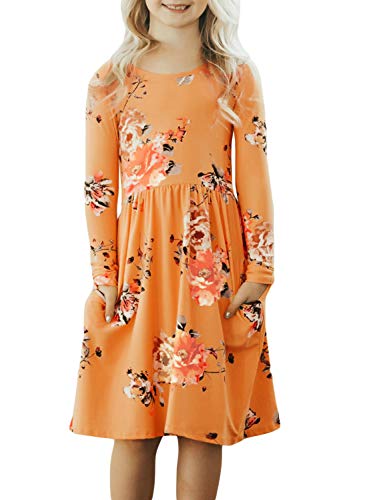 GOSOPIN Girls Long Sleeve Floral Pleated Swing Casual Maxi Dress Pocket 4-13Y