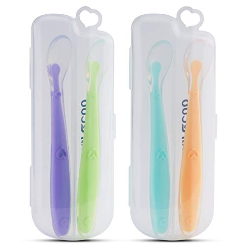 4 Pack Baby Spoons Kirecoo Silicone Self Feeding Training Spoon with Travel Case (Assorted 2