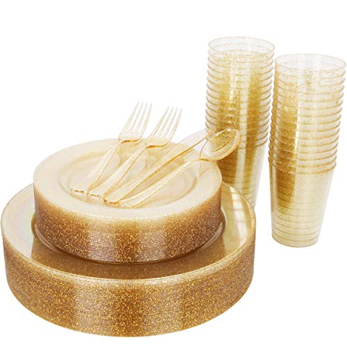 175 Pieces Gold Glitter Plastic Plates with Disposable Silverware and